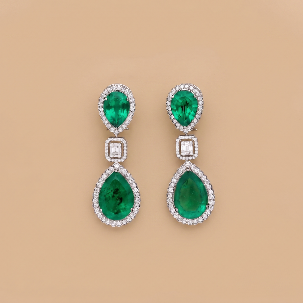 Colombian Emerald statement lab-grown diamond earrings, 9/14/18kt gold & silver, Inarra Atelier