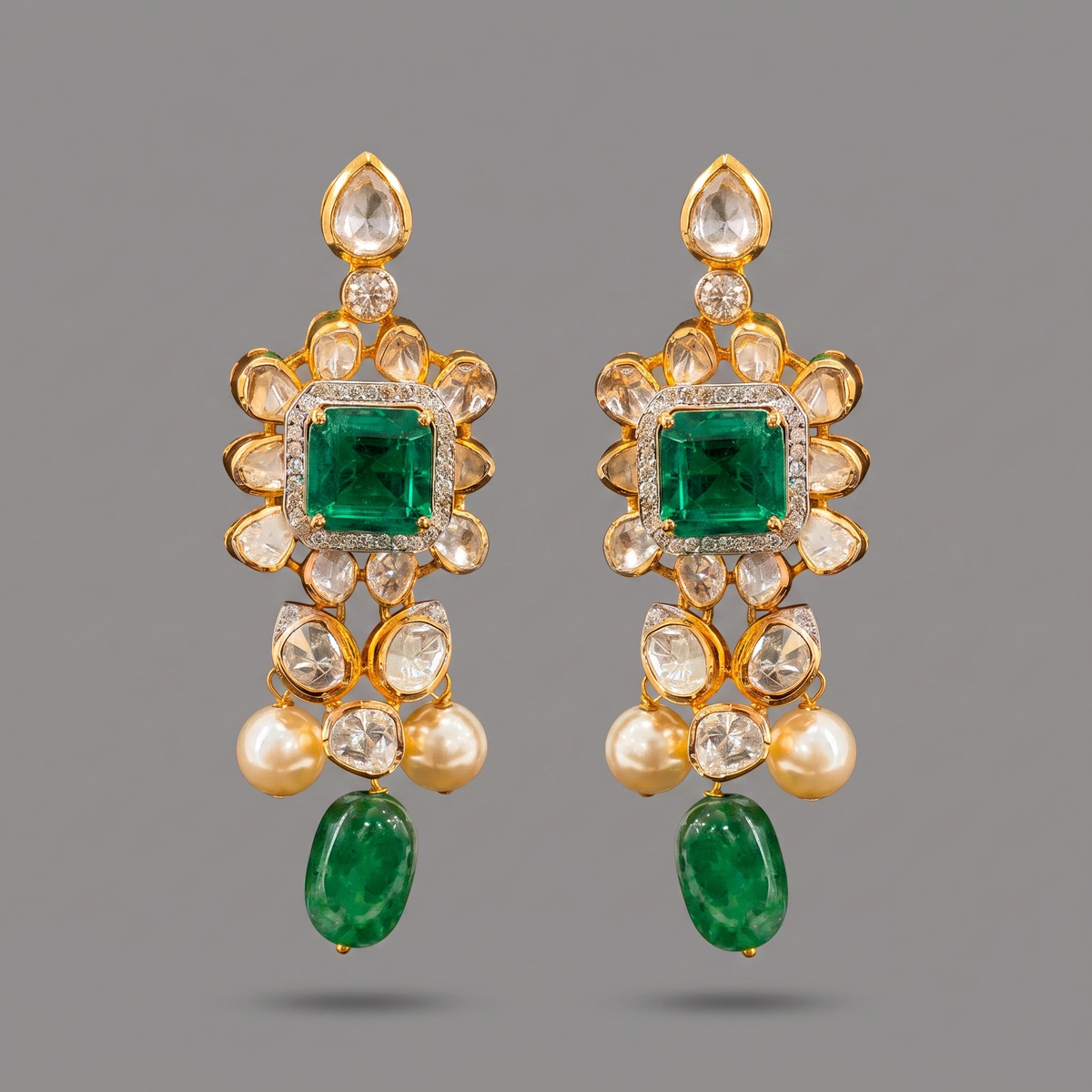 Lab Grown Polki and Emerald Hanging Earrings with lab grown diamonds in 14kt gold, from Inarra Atelier Saltlake