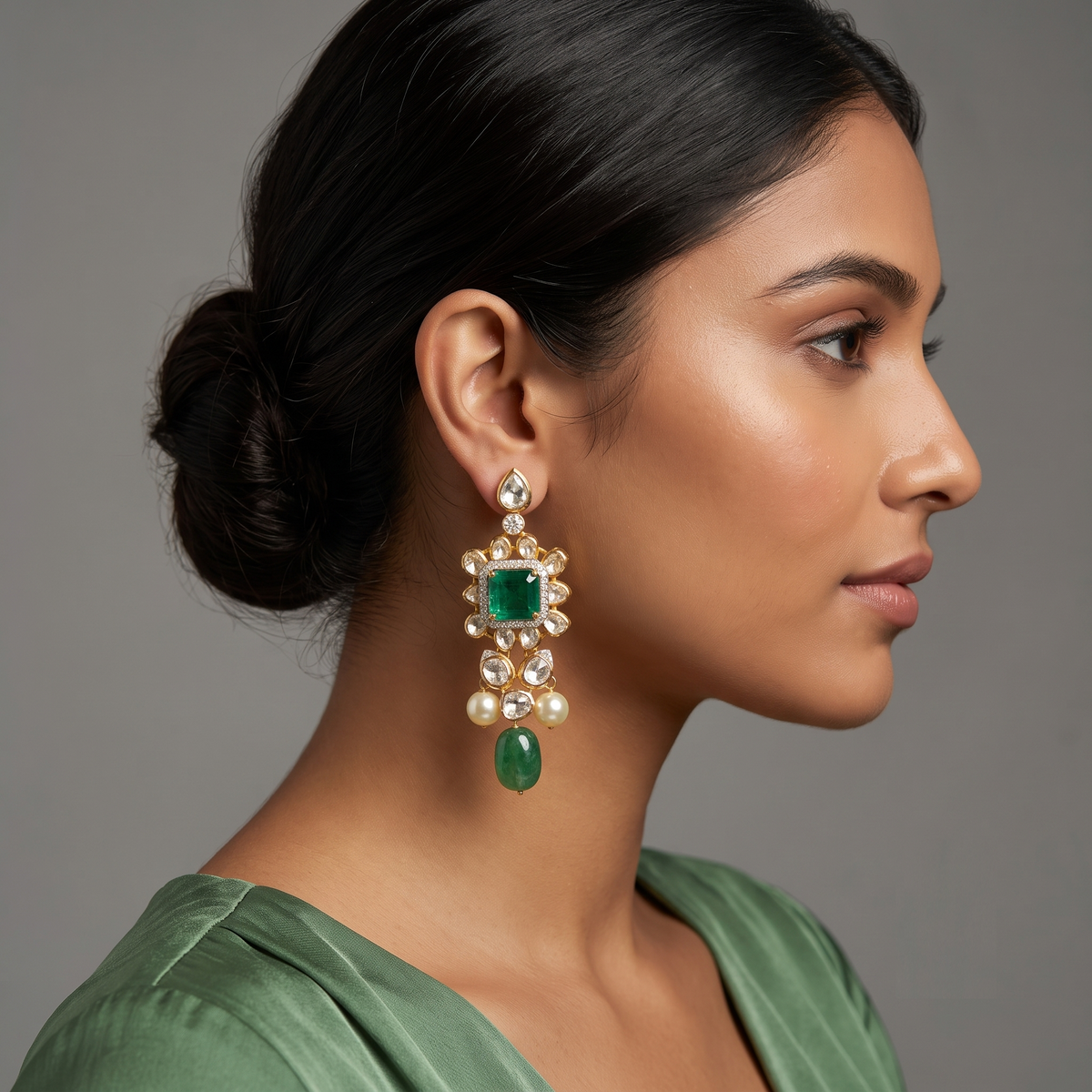 Lab Grown Polki and Emerald Hanging Earrings with lab grown diamonds in 14kt gold, from Inarra Atelier Saltlake