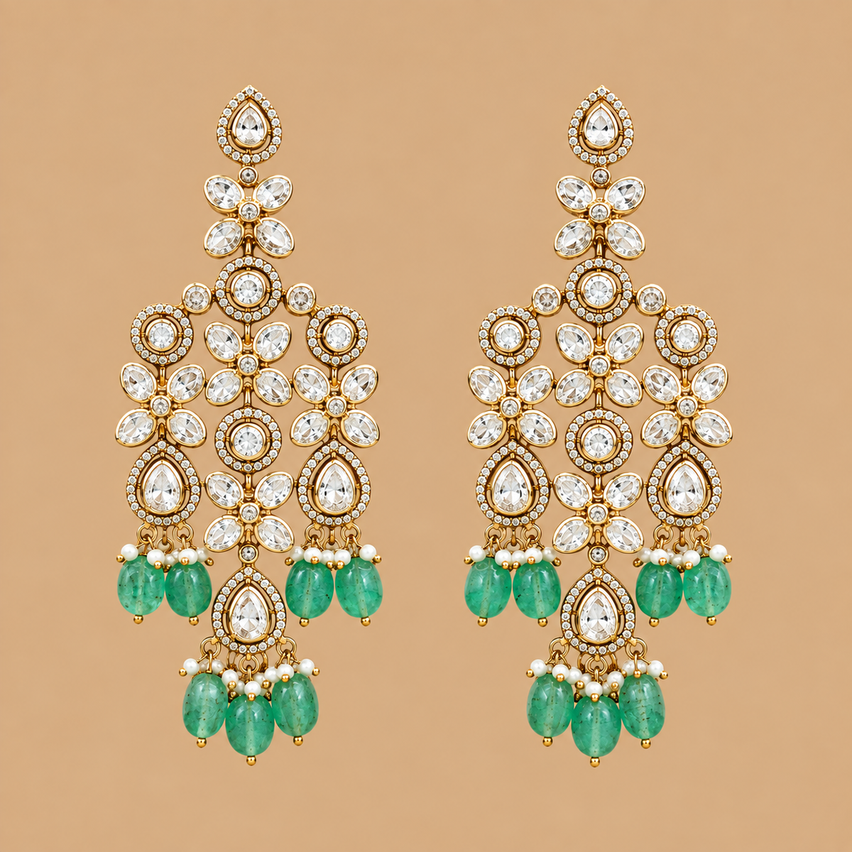 Hanging Three Line Polki Danglers, festive lab grown polki and emerald danglers in 14kt gold, from Inarra Atelier's Bridal Jewellery Kolkata range