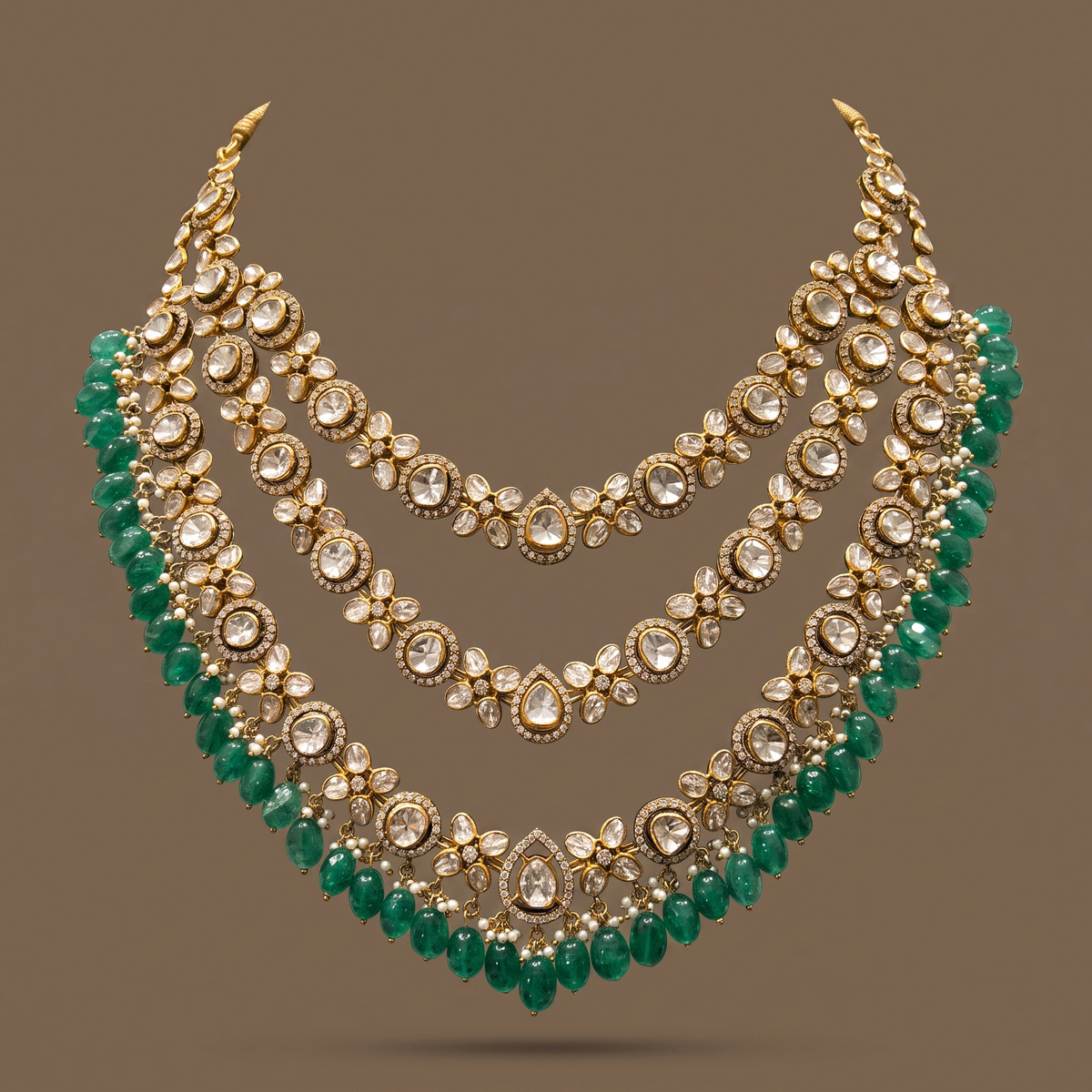 Three Line Layered Polki Necklace, a three-line layered Polki design, 9/14/18kt gold, at Inarra Atelier Saltlake