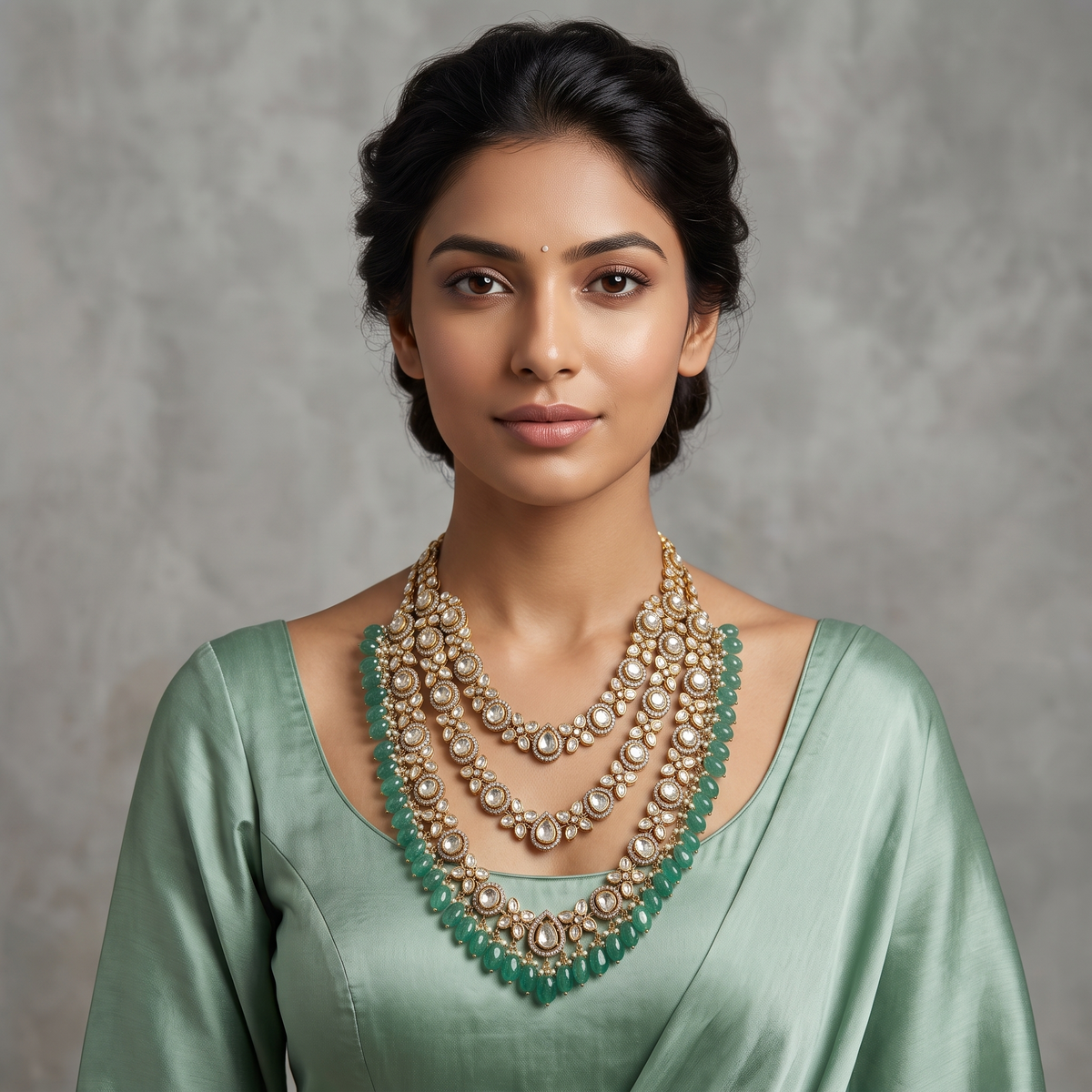 Three Line Layered Polki Necklace, a three-line layered Polki design, 9/14/18kt gold, at Inarra Atelier Saltlake