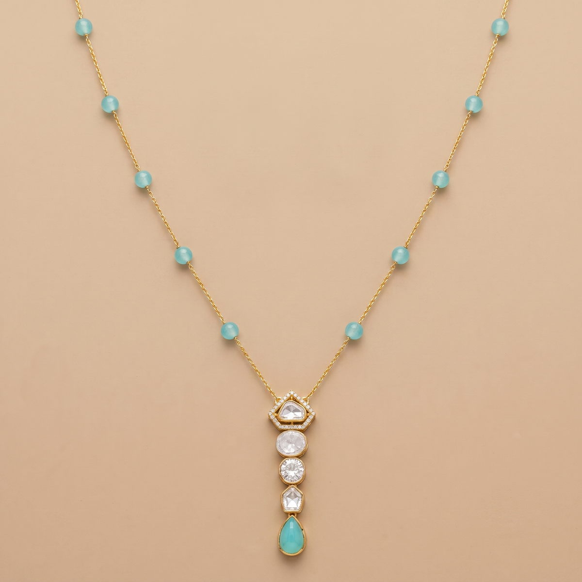 Polki And Emerald Long Tie Pattern Necklace in 9/14/18kt gold, at Inarra Atelier Saltlake