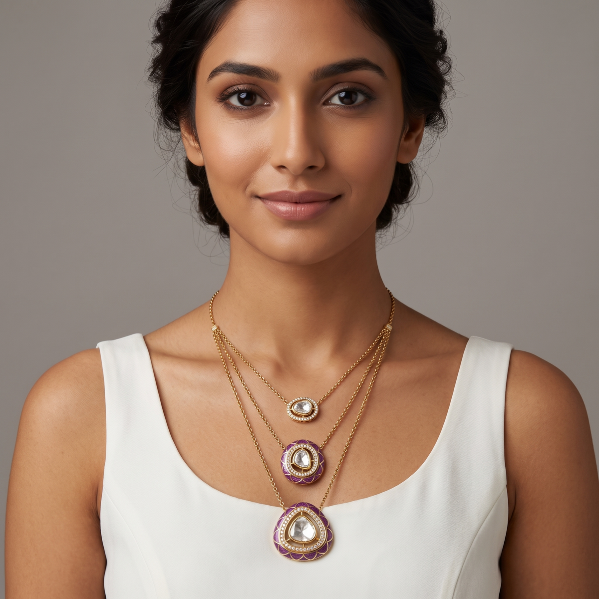 Pink Meena And Polki Layered Chain Necklace in 9/14/18kt gold, at Inarra Atelier Saltlake