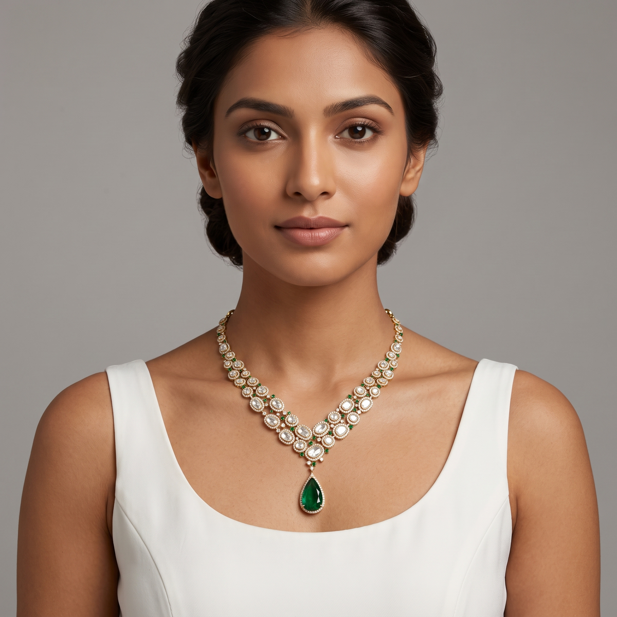Two Lines Polki And Emerald Hanging Necklace in 9/14/18kt gold, at Inarra Atelier Saltlake