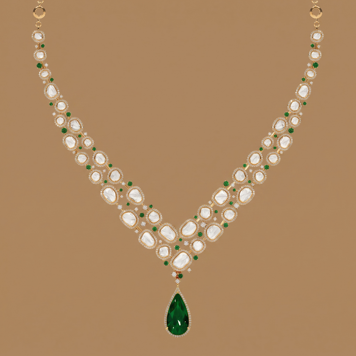 Two Lines Polki And Emerald Hanging Necklace in 9/14/18kt gold, at Inarra Atelier Saltlake