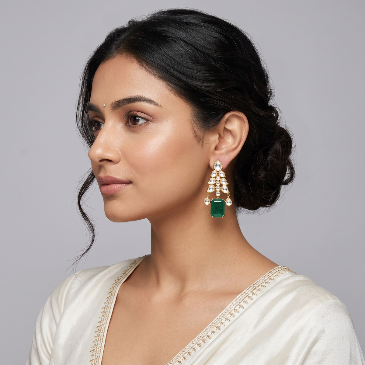 Leaves of Polki Cocktail Earring, a leaf-inspired chandbali jhumka in lab grown polki, from Inarra Atelier's Polki Bridal Jewellery Kolkata range