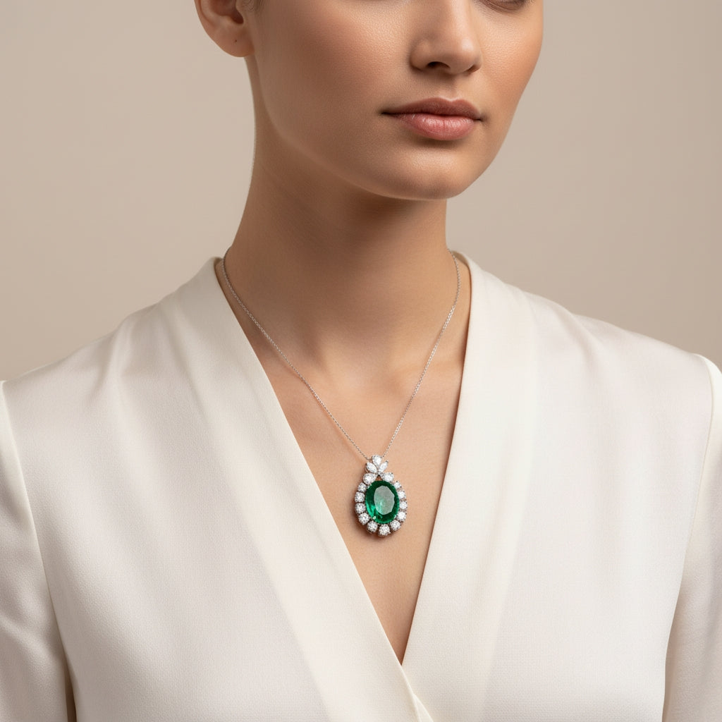 3.7 Ct Floral Emerald Lab-Grown Diamond Pendant-Brooch