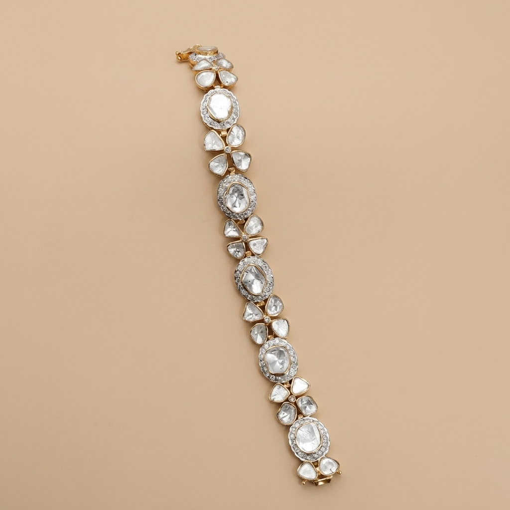 Linear Pattern Lab Grown Polki Bracelet, linear-pattern polki bracelet set with lab grown diamonds, from Inarra Atelier's Saltlake range