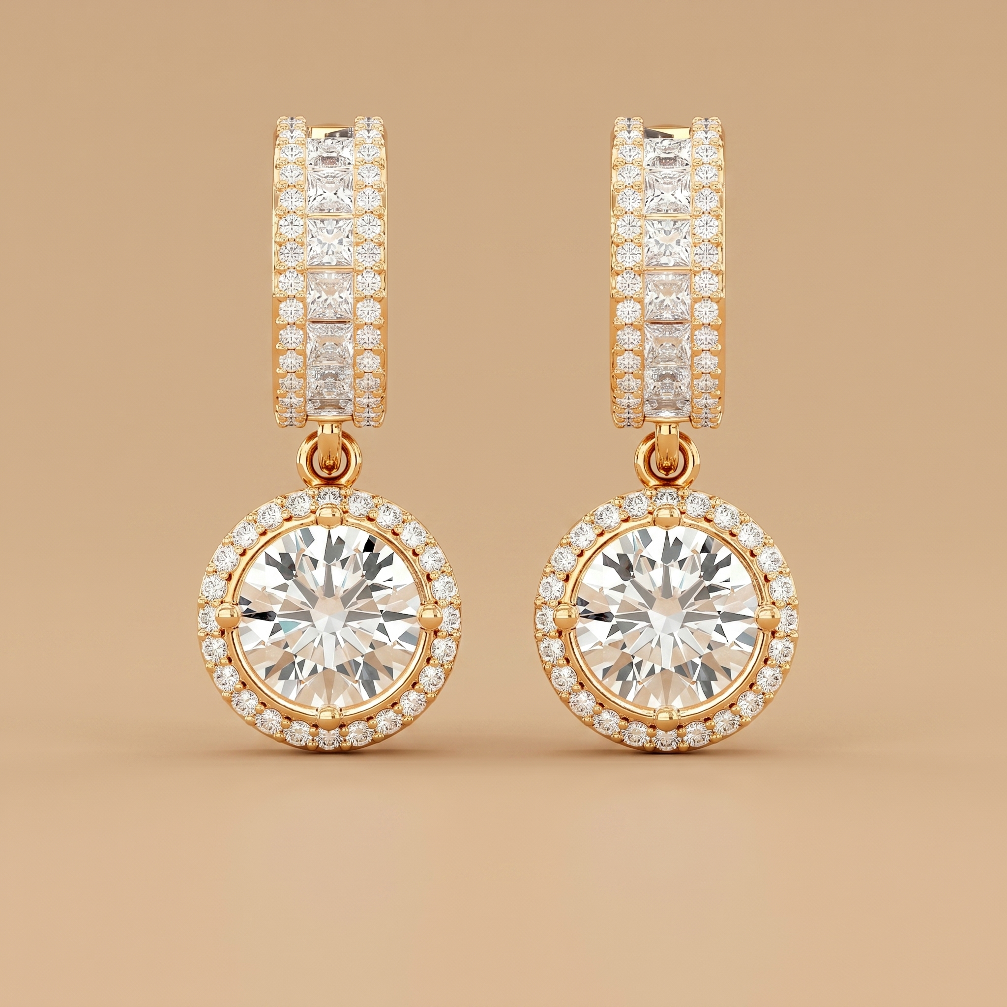 Round Halo Drop Solitaire Earrings