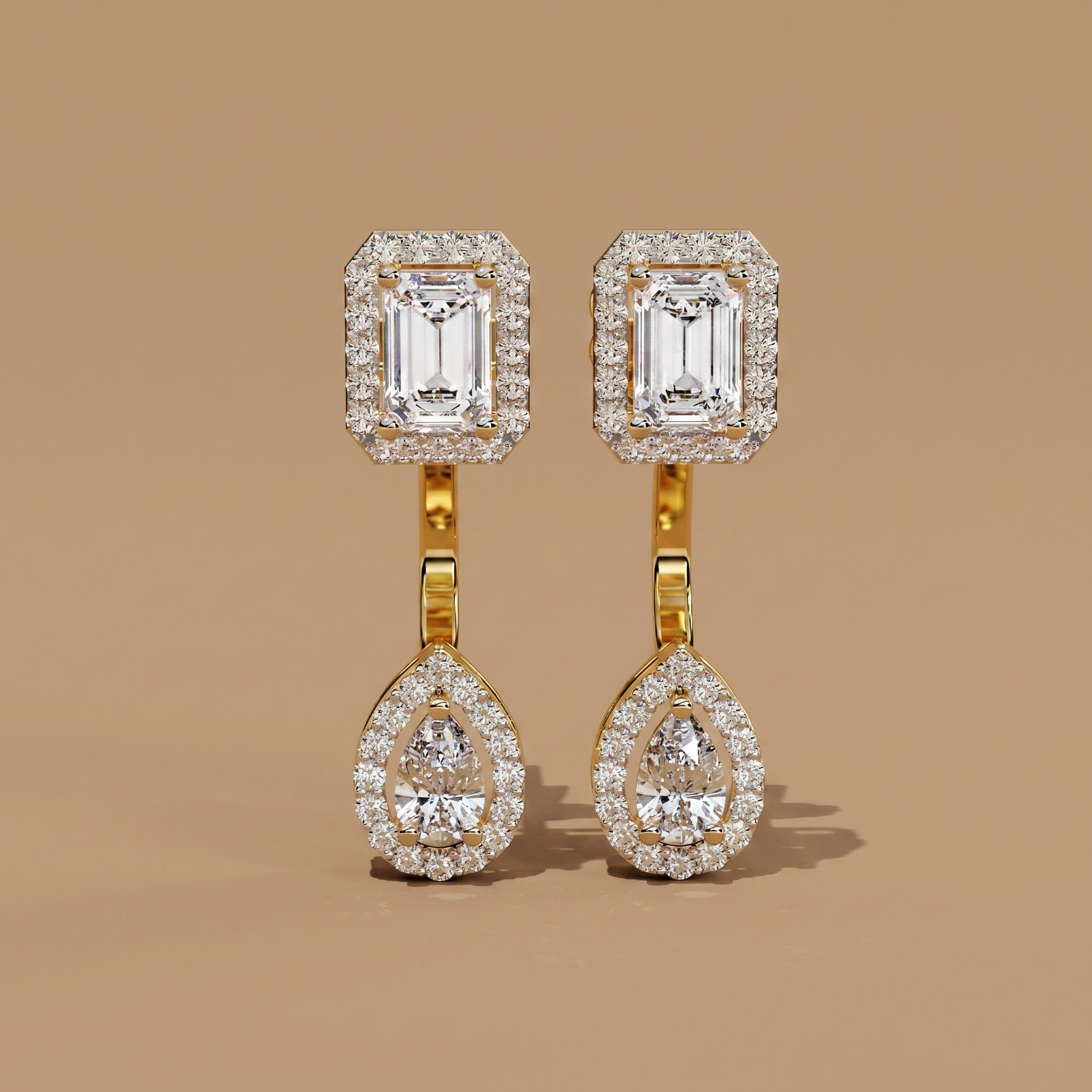 IGI-certified lab-grown emerald and pear-cut diamond solitaire earrings