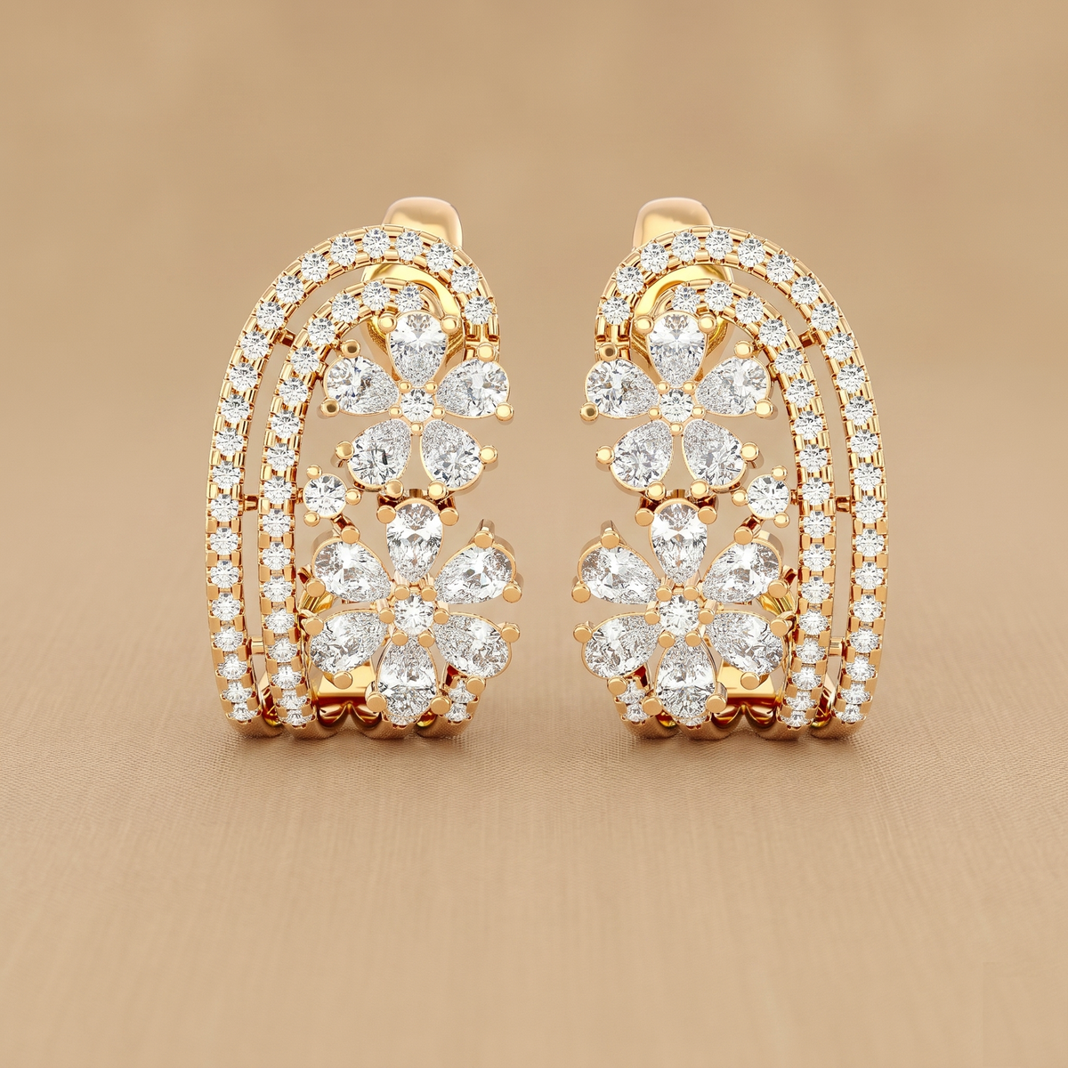 Diamond Twin Blossom – floral lab-grown diamond earrings in 9/14/18kt gold & silver, handcrafted by Inarra Atelier in Saltlake, Kolkata