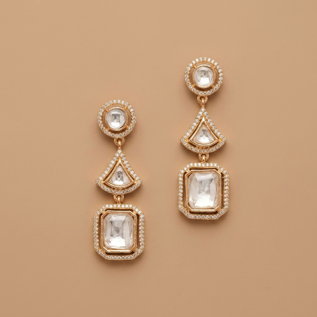 House of Cards Polki Hangings, geometric playing-card polki earrings with lab grown diamonds, at Inarra Atelier Kolkata