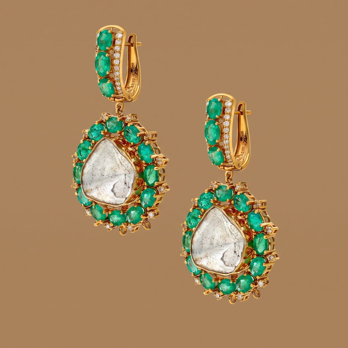 Emerald and Polki Detachable Hangings, lab grown Colombian emerald hangings with a detachable top, from Inarra Atelier's Kolkata range