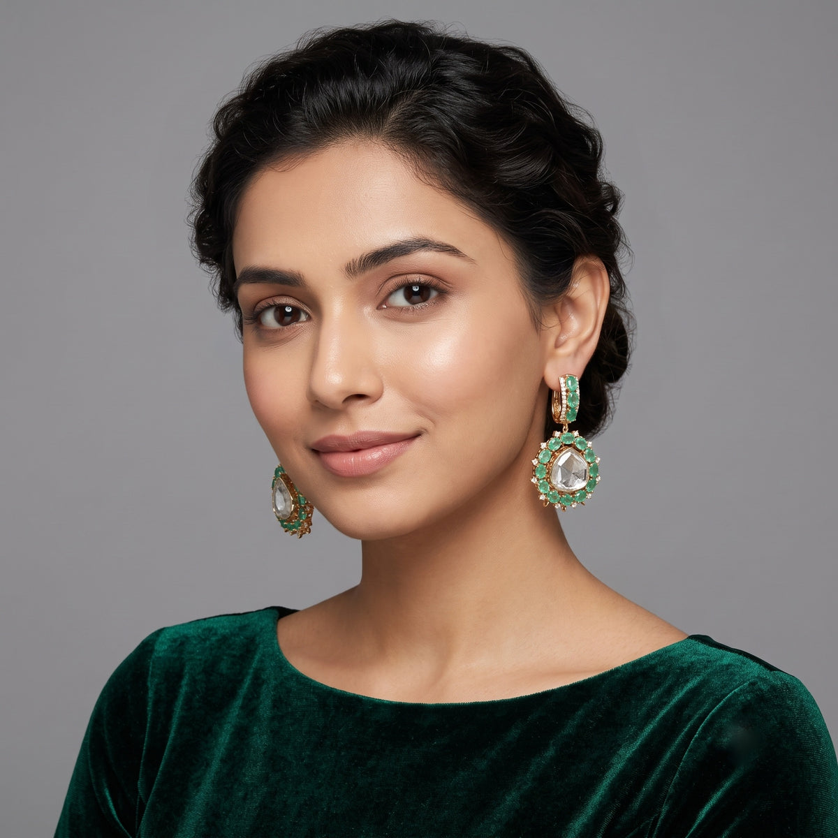 Emerald and Polki Detachable Hangings, lab grown Colombian emerald hangings with a detachable top, from Inarra Atelier's Kolkata range