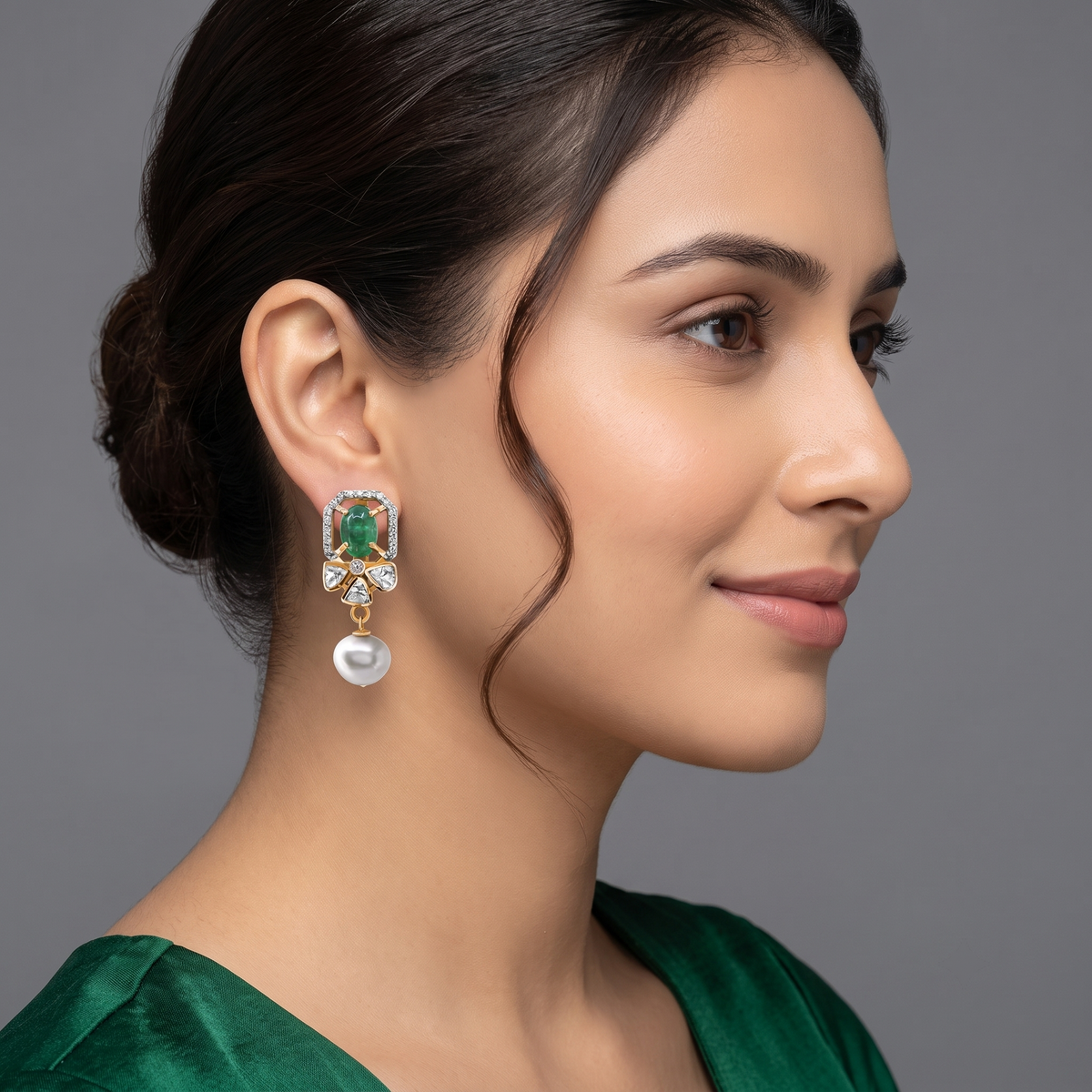 Delicate Everyday Polki Studs, minimalist lab grown polki studs with a South Sea pearl and emerald, at Inarra Atelier Saltlake