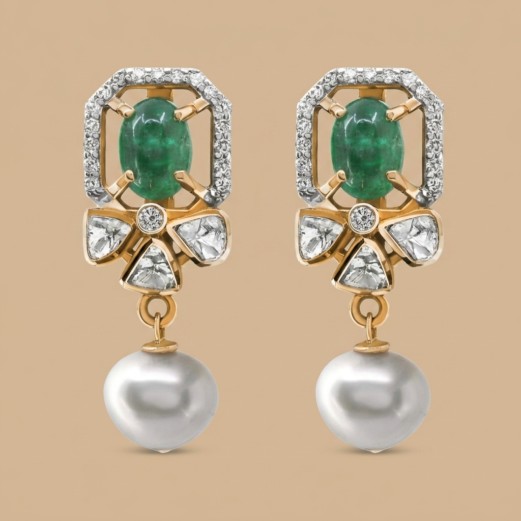 Delicate Everyday Polki Studs, minimalist lab grown polki studs with a South Sea pearl and emerald, at Inarra Atelier Saltlake