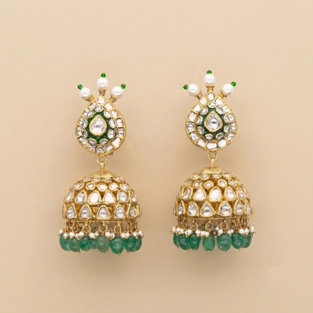 Traditional Meena Polki Jhumkas, lab grown polki jhumkas with green meenakari, from Inarra Atelier's Polki Bridal Jewellery Kolkata range