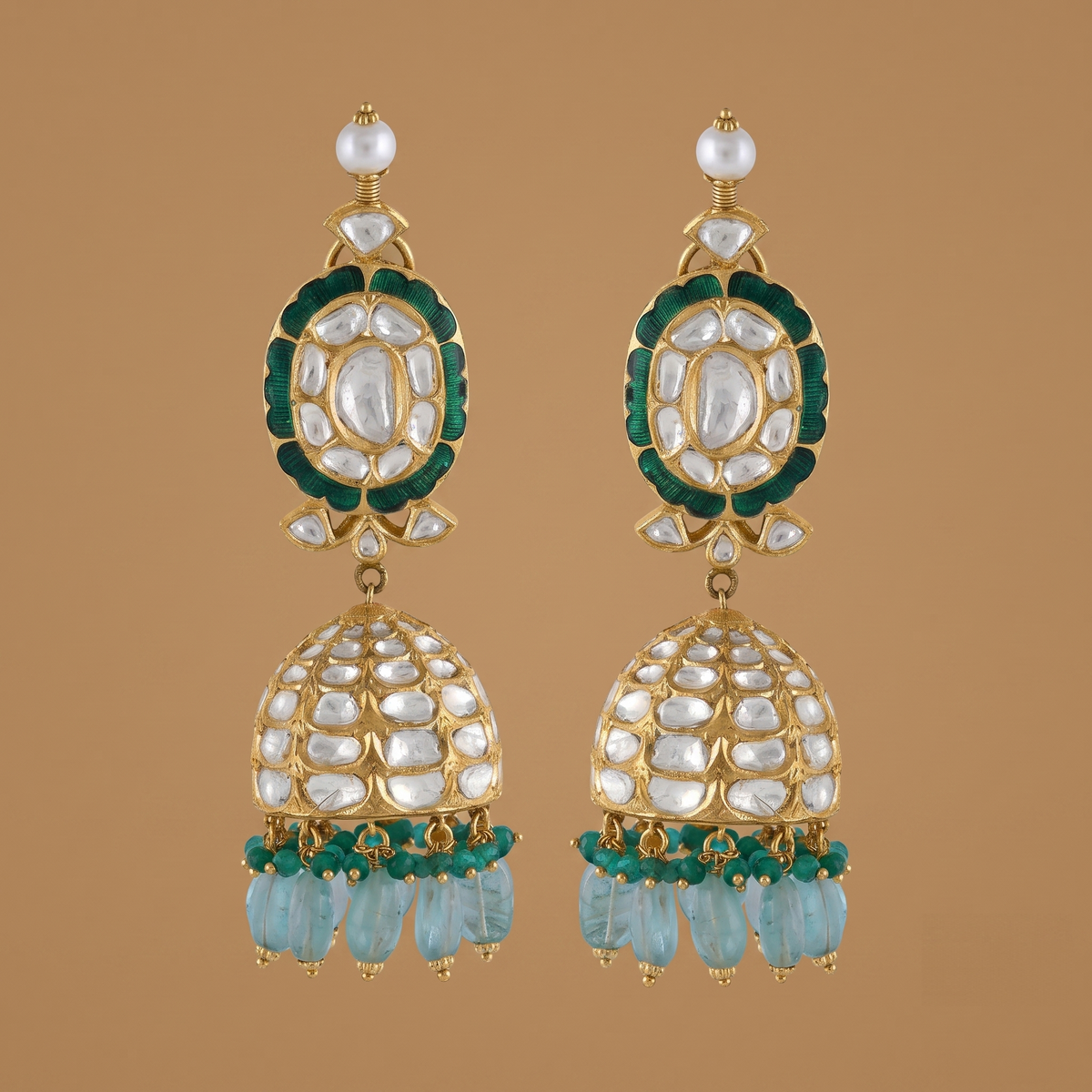 Close Setting Lab Grown Polki Jhumkas, Mughal-inspired bridal jhumkas in 14kt gold, from Inarra Atelier's Bridal Jewellery Salt Lake range