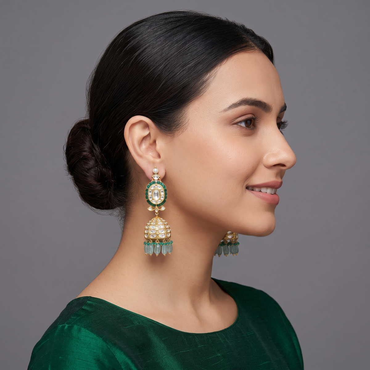 Close Setting Lab Grown Polki Jhumkas, Mughal-inspired bridal jhumkas in 14kt gold, from Inarra Atelier's Bridal Jewellery Salt Lake range