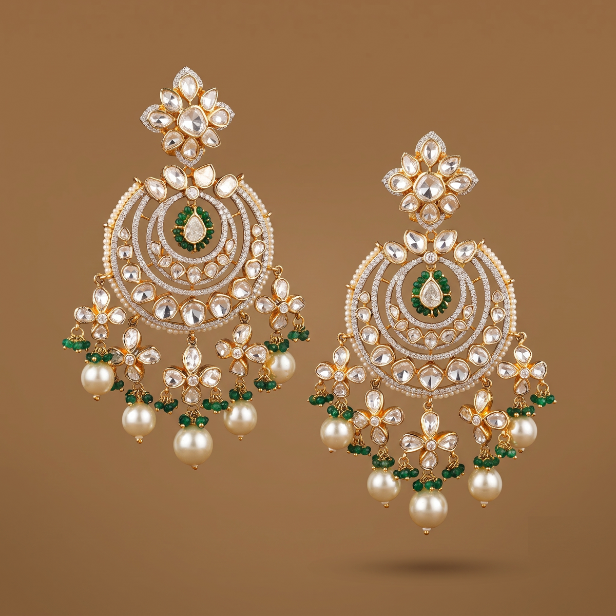 Lab Grown Chandbali Jhumka Pair, a floral polki chandbali jhumka design in 14kt gold, from Inarra Atelier's Bridal Jewellery Kolkata range