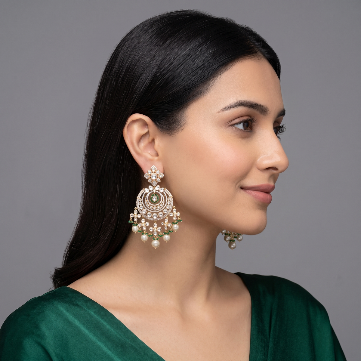 Lab Grown Chandbali Jhumka Pair, a floral polki chandbali jhumka design in 14kt gold, from Inarra Atelier's Bridal Jewellery Kolkata range