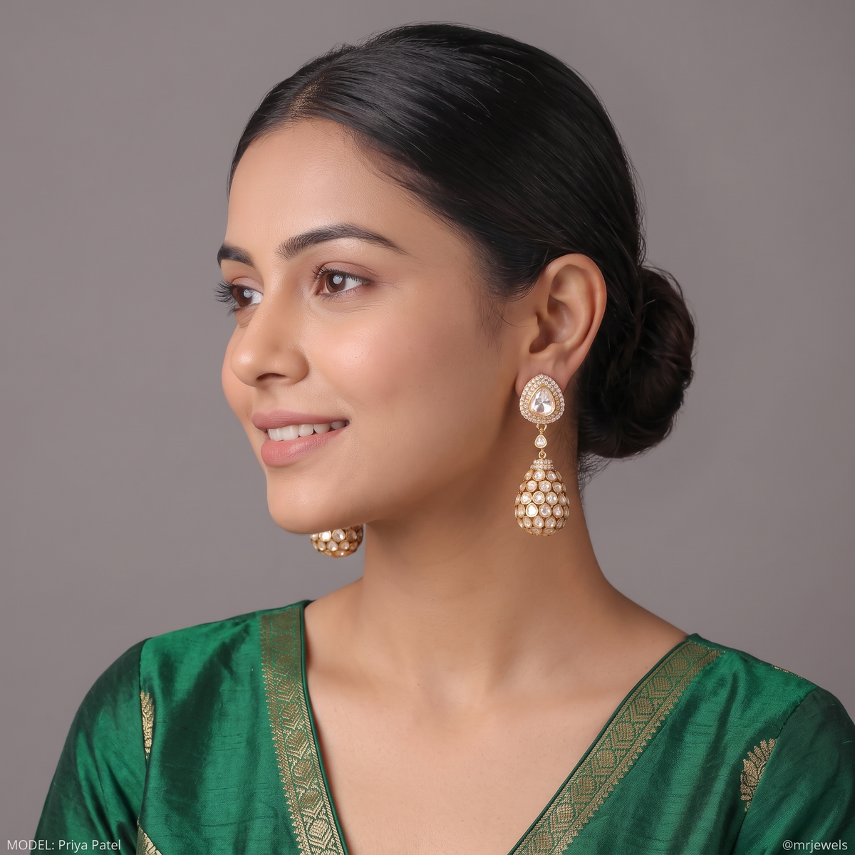 Ball of Polki Jhumkas, ball-style polki jhumkas with detachable solitaire studs and lab grown diamonds, at Inarra Atelier Saltlake