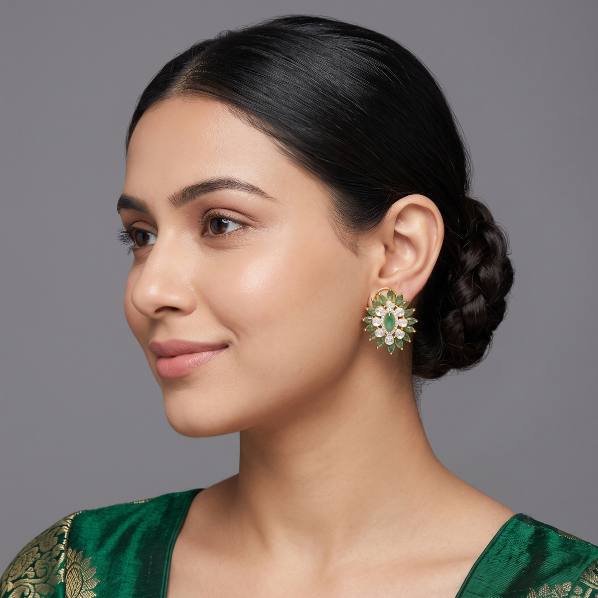 Lab Grown Emerald and Polki Studs, colourful floral studs for festive wear in 14kt gold, from Inarra Atelier's Kolkata range