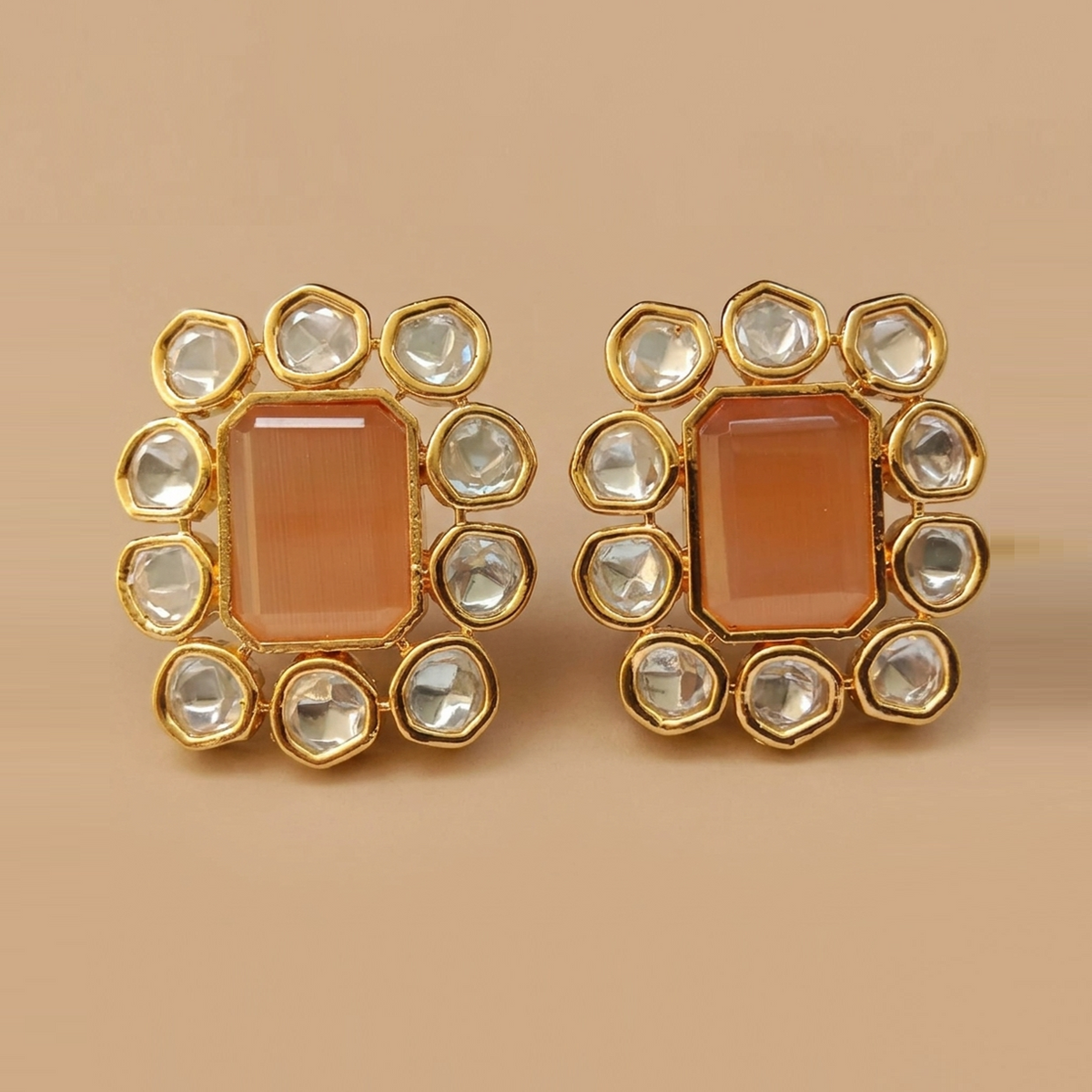Morganite and Polki Studs, statement studs with a lab grown orange morganite and polki in 14kt gold, from Inarra Atelier Saltlake