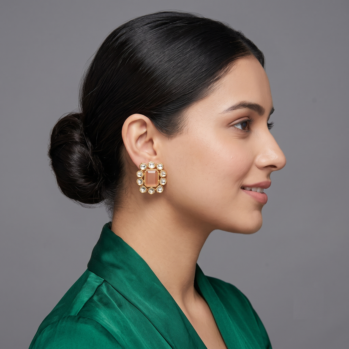 Morganite and Polki Studs, statement studs with a lab grown orange morganite and polki in 14kt gold, from Inarra Atelier Saltlake
