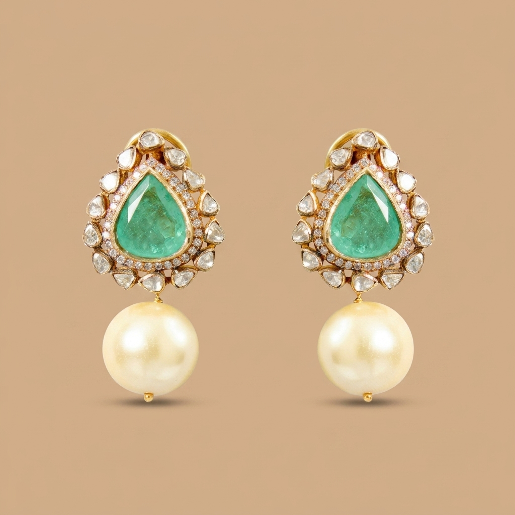 Lab Grown Colombian Emerald Studs, a drop emerald ringed by polki and diamonds in 14kt gold, at Inarra Atelier Kolkata