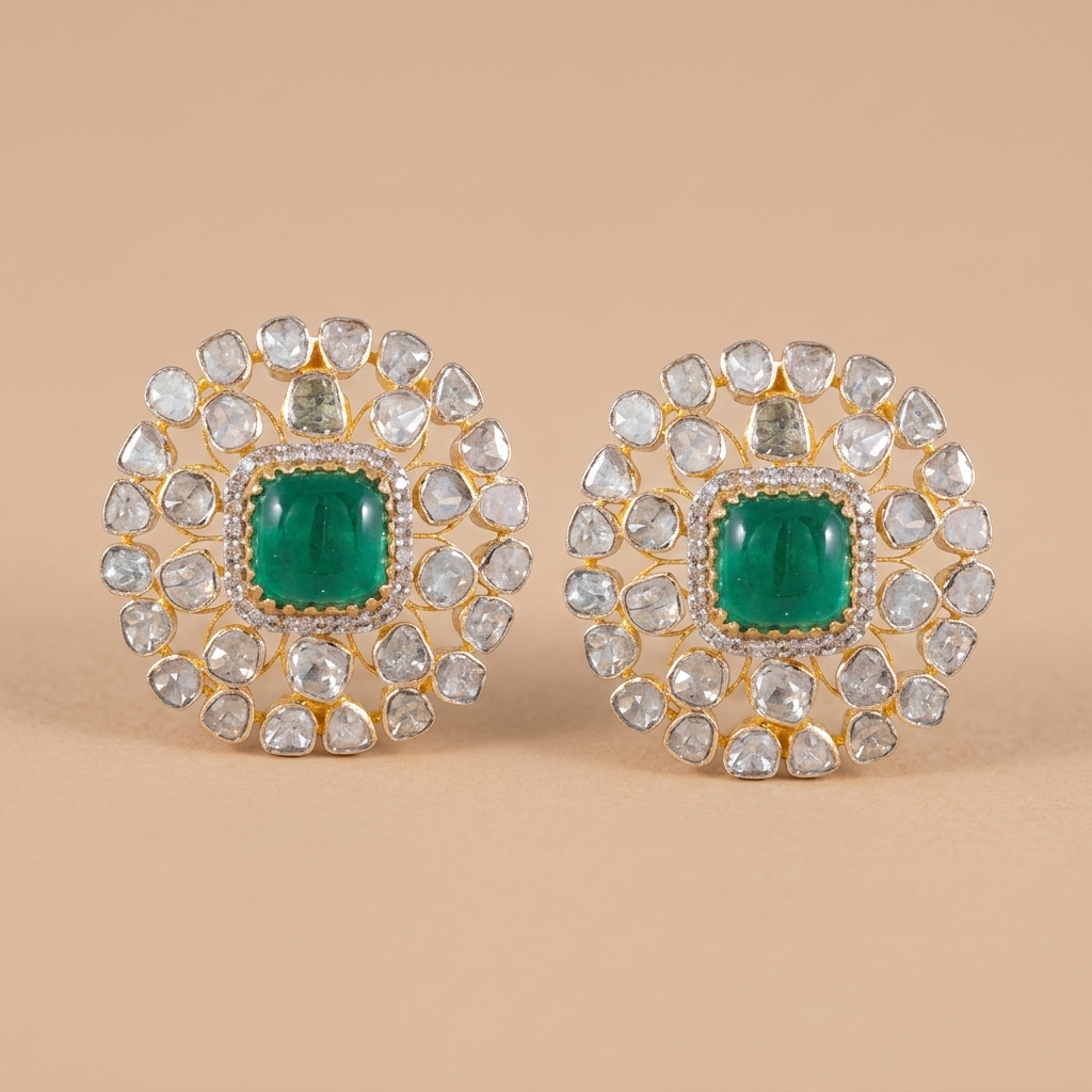 Traditional Floral Polki Studs, heavy occasion-wear floral studs in lab grown polki, from Inarra Atelier's Polki Bridal Jewellery Kolkata range