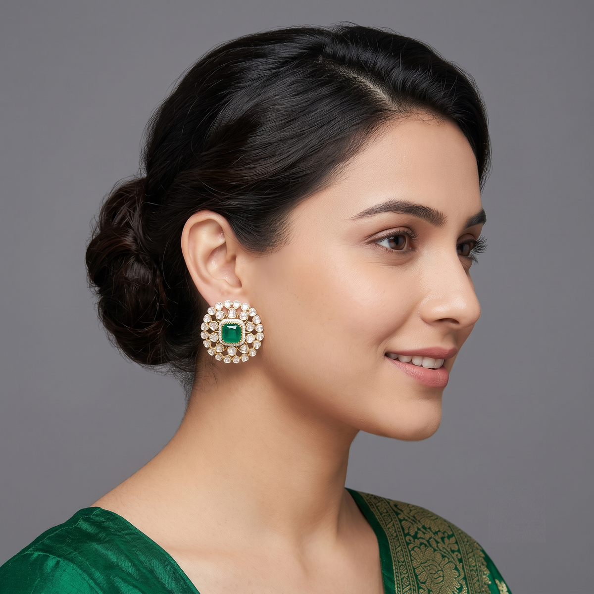 Traditional Floral Polki Studs, heavy occasion-wear floral studs in lab grown polki, from Inarra Atelier's Polki Bridal Jewellery Kolkata range