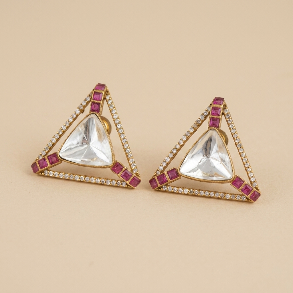 Modern Triangular Polki Studs, trilliant polki with ruby accents in a light gold frame, at Inarra Atelier's Labgrown diamond store Saltlake