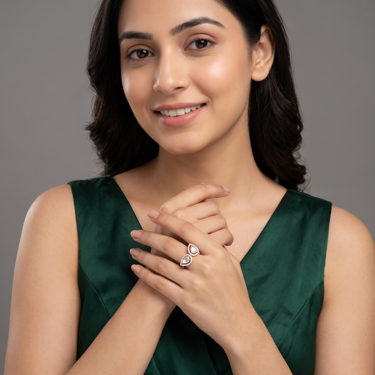 Twin leaves polki ring