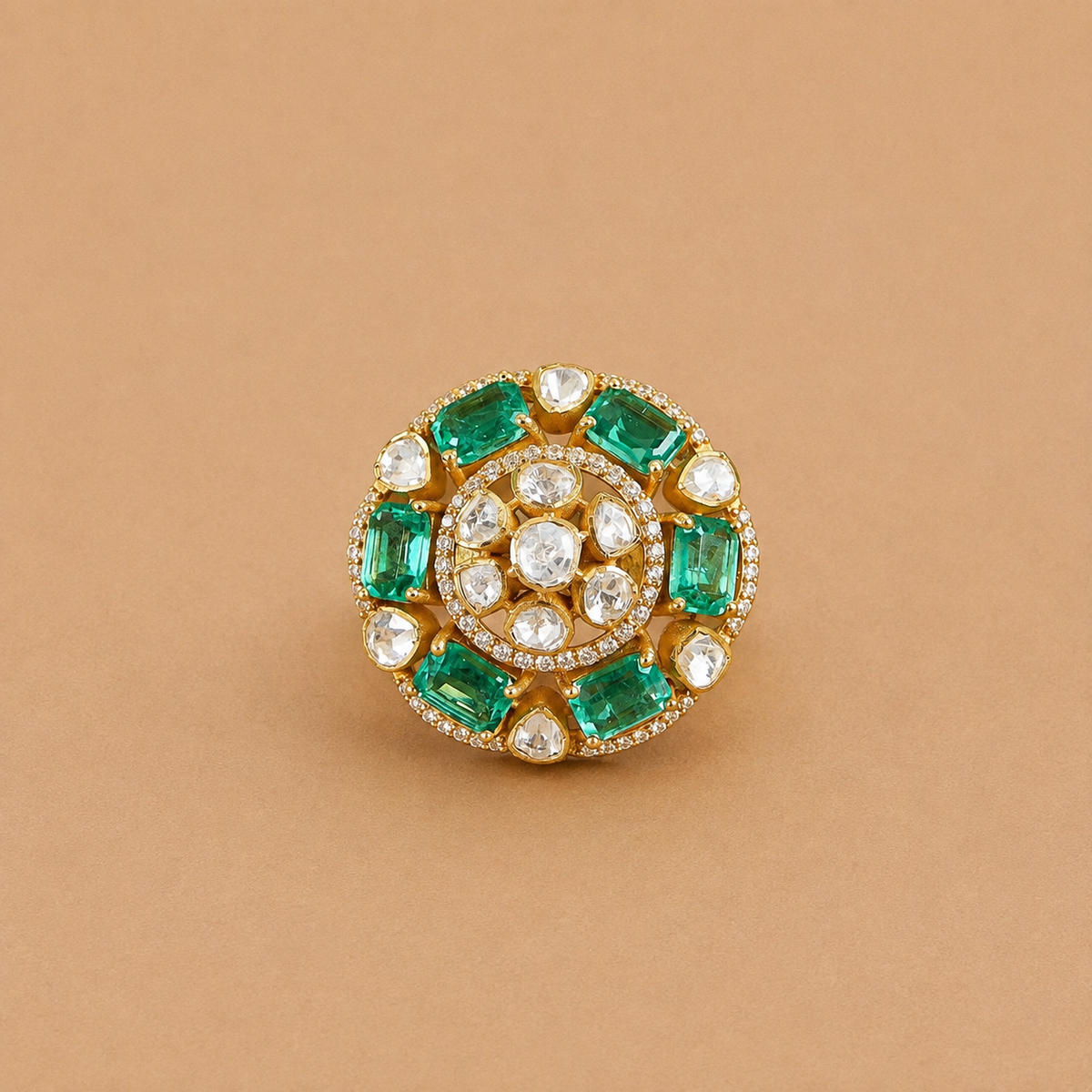 Emerald and polki round cocktail ring