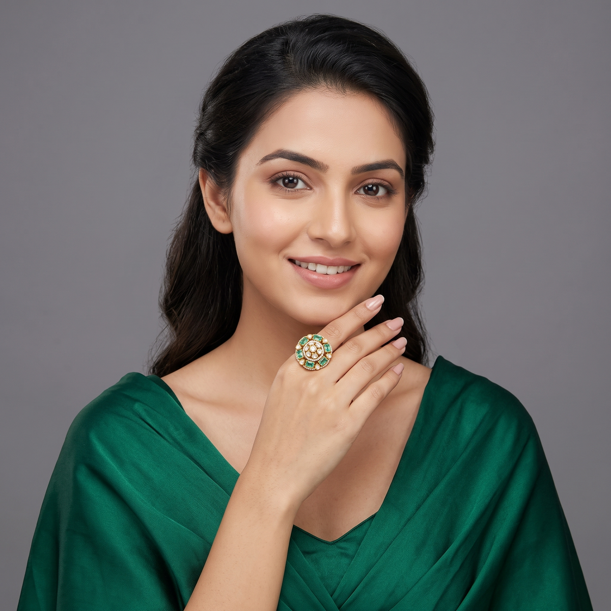 Emerald and polki round cocktail ring
