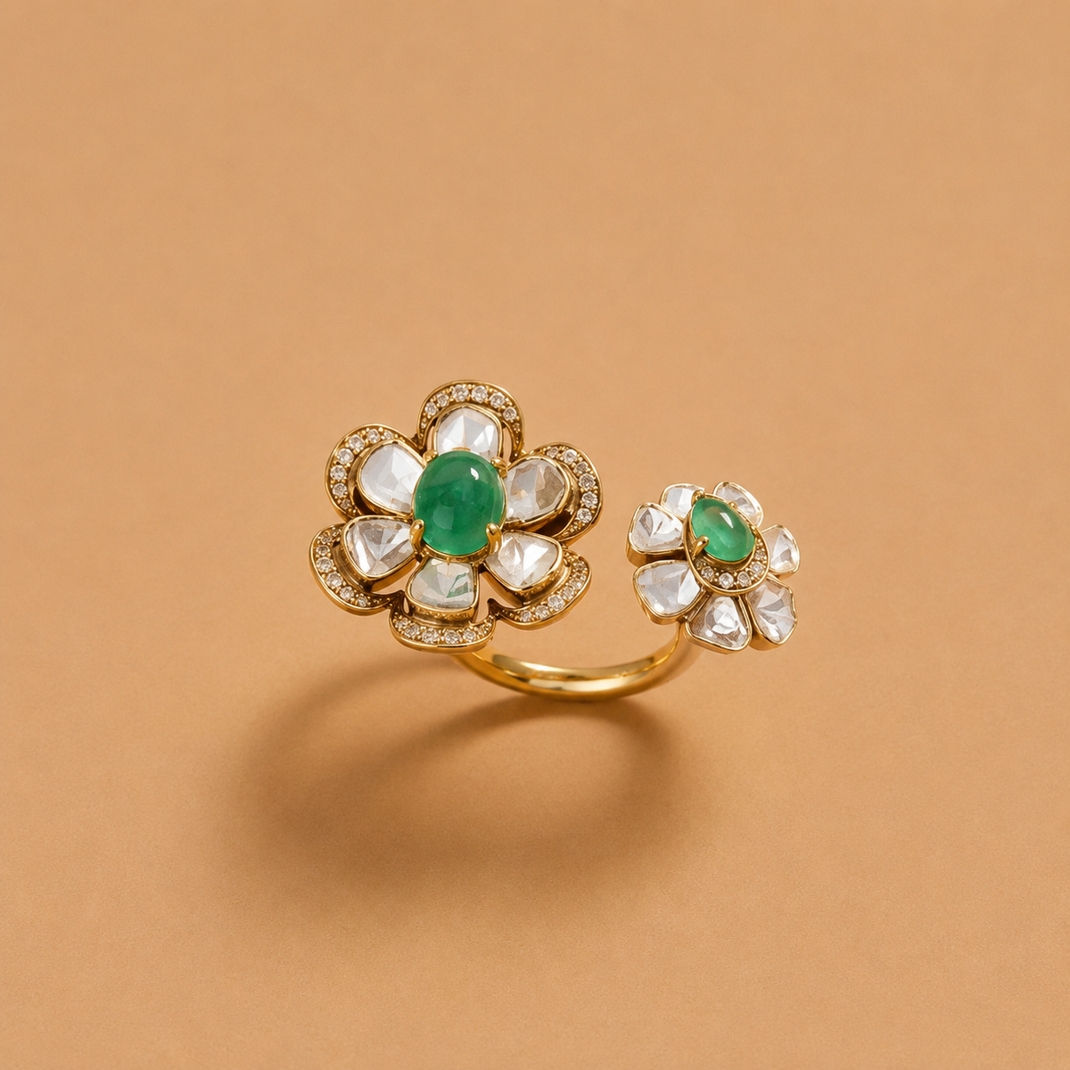 Twin flower disjointed polki ring