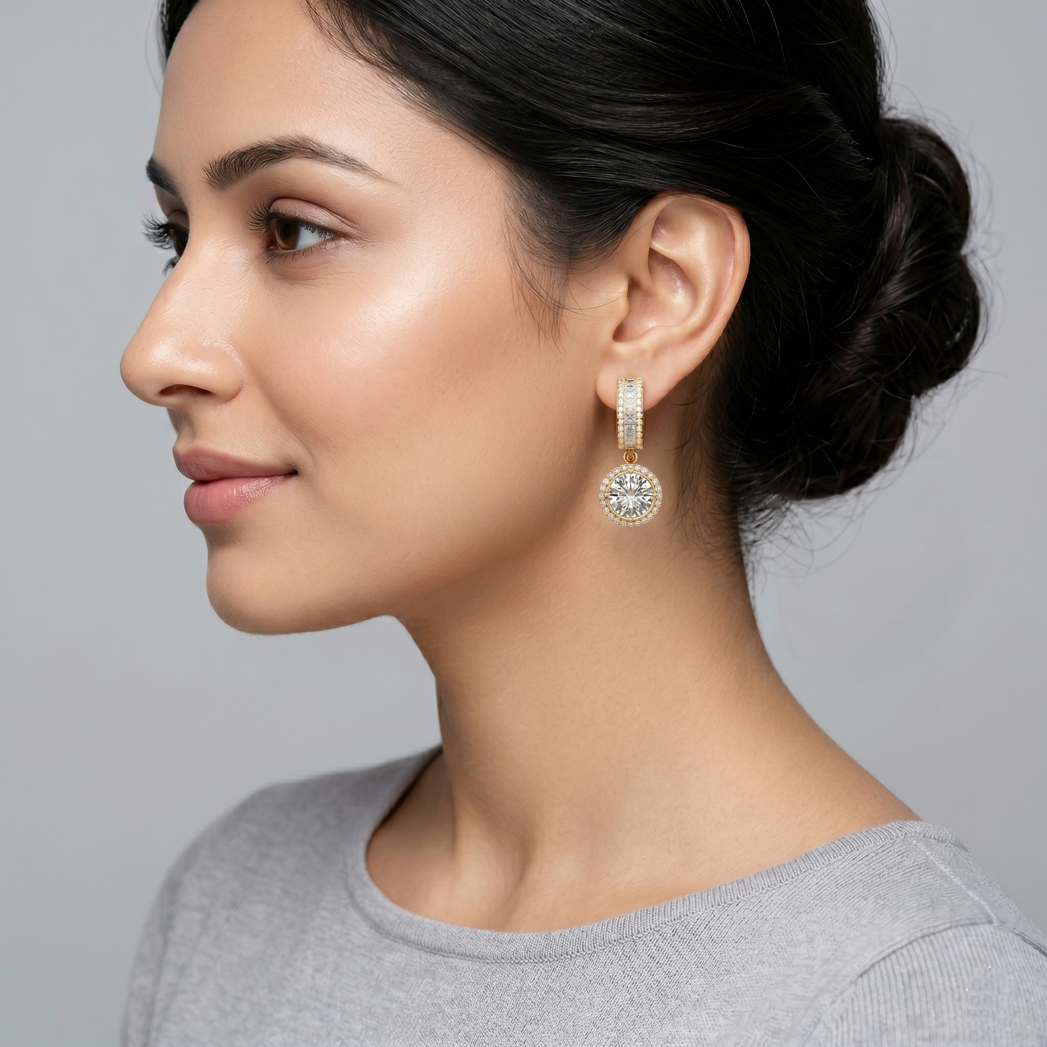 Round Halo Drop Solitaire Earrings