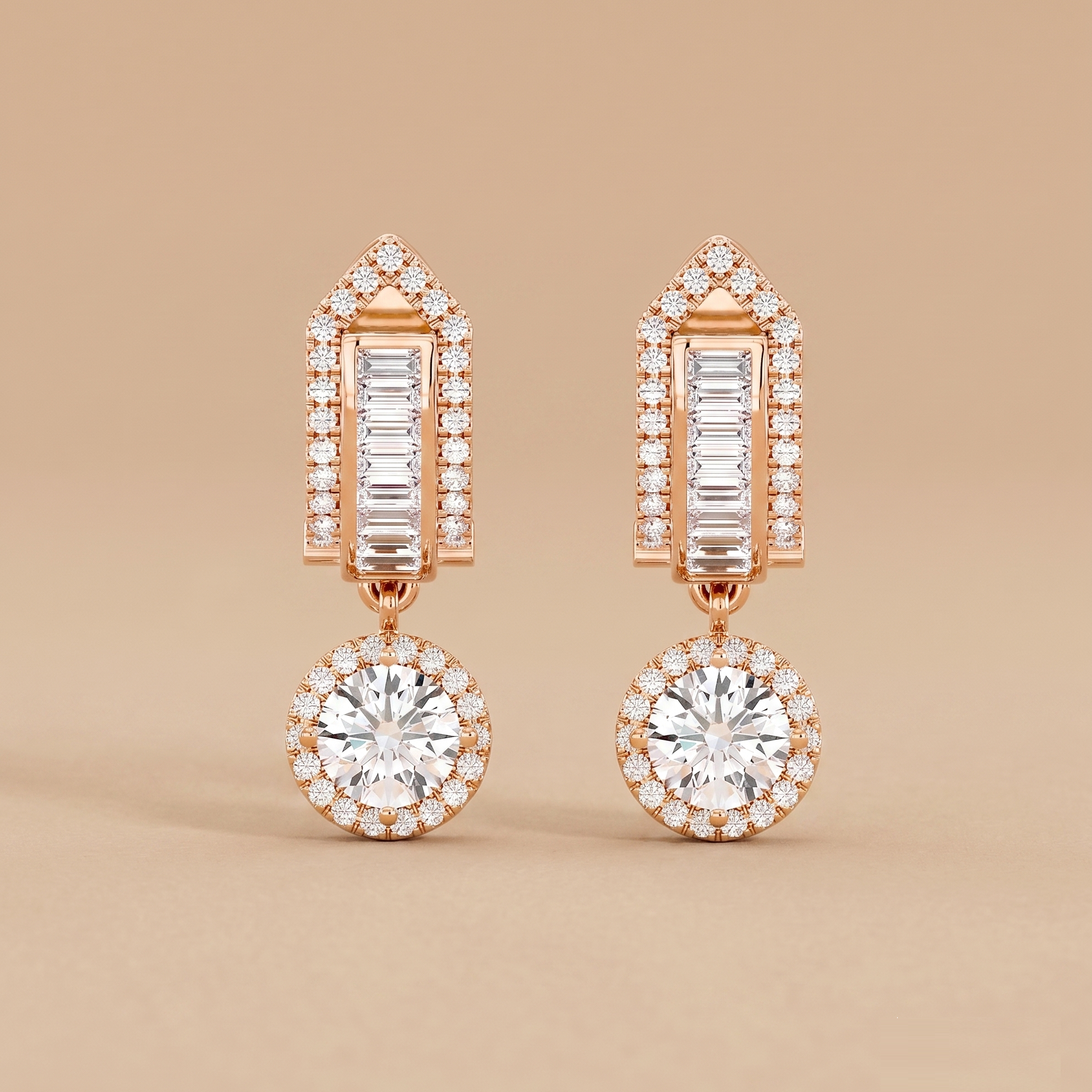 Baguette & Round Halo Dangles