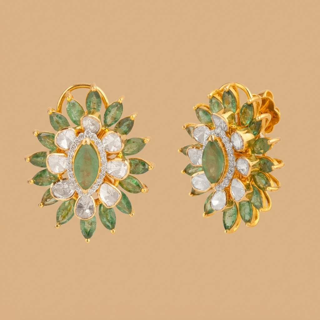Labgrown Emerald and polki studs
