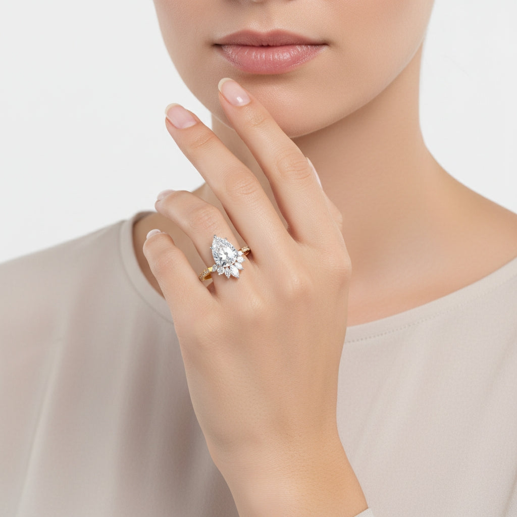 Lab-created pear and marquise solitaire diamond ring for women